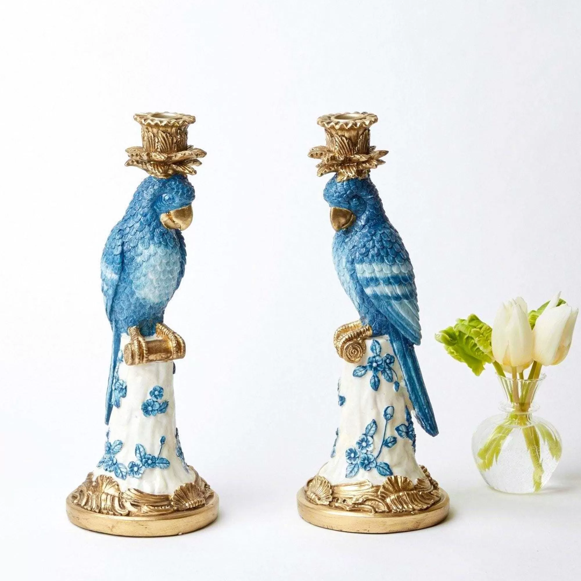 Best Sale Blue & White Parrot Candle Holder (Pair) Candle Holders