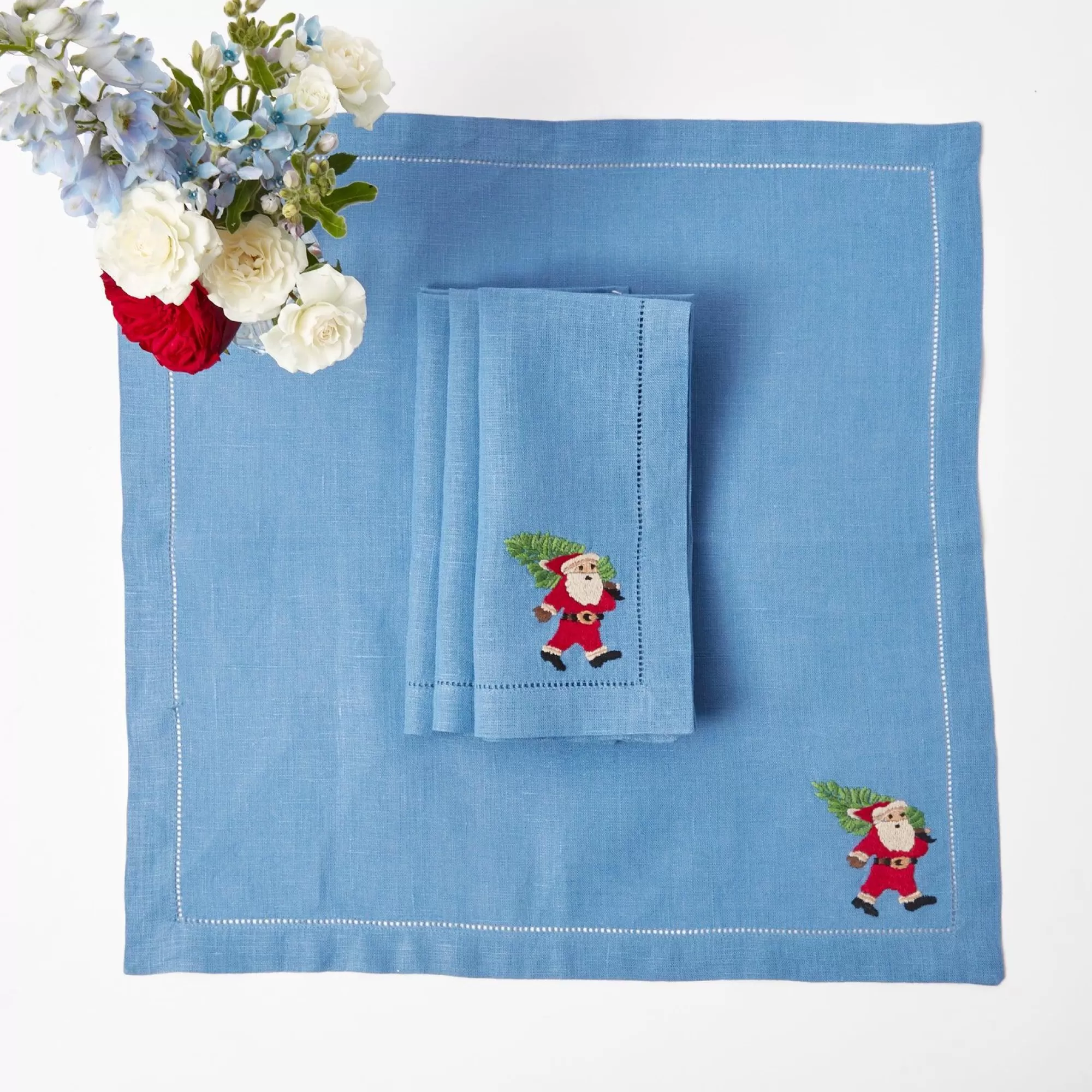 Cheap Blue Hand Embroidered Father Christmas Napkins (Set Of 4) Napkins