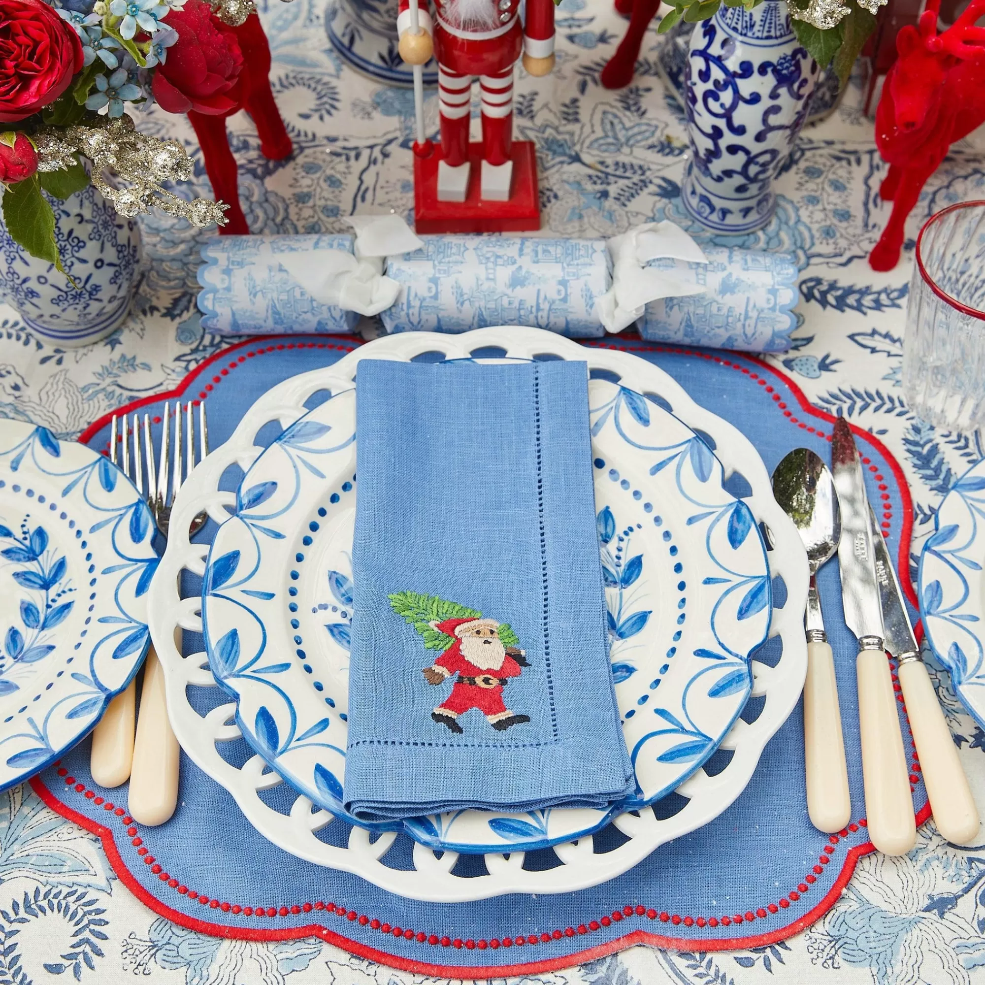 Cheap Blue Hand Embroidered Father Christmas Napkins (Set Of 4) Napkins