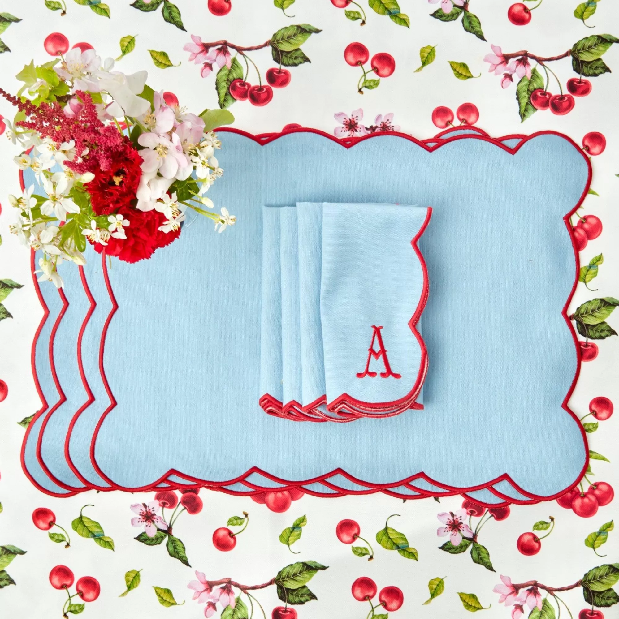 Best Sale Blue With Red Scallop Placemats & Napkins (Set Of 4) Table Linen Sets