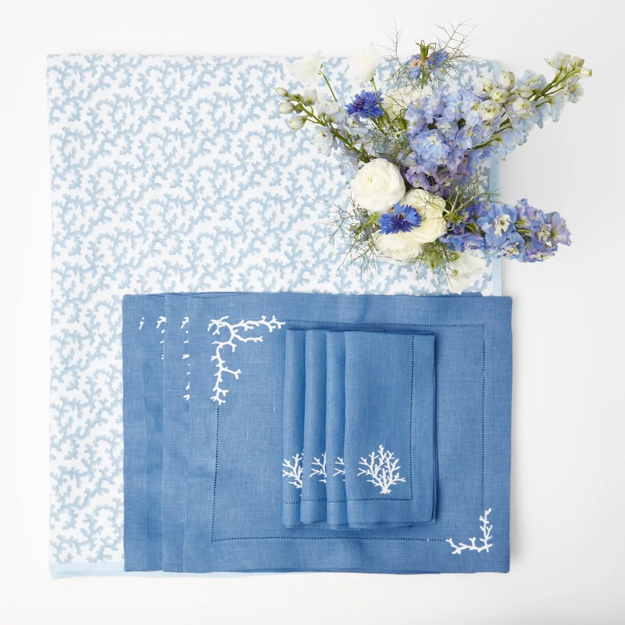 Hot Coral Blue Linen Set Table Linen Sets