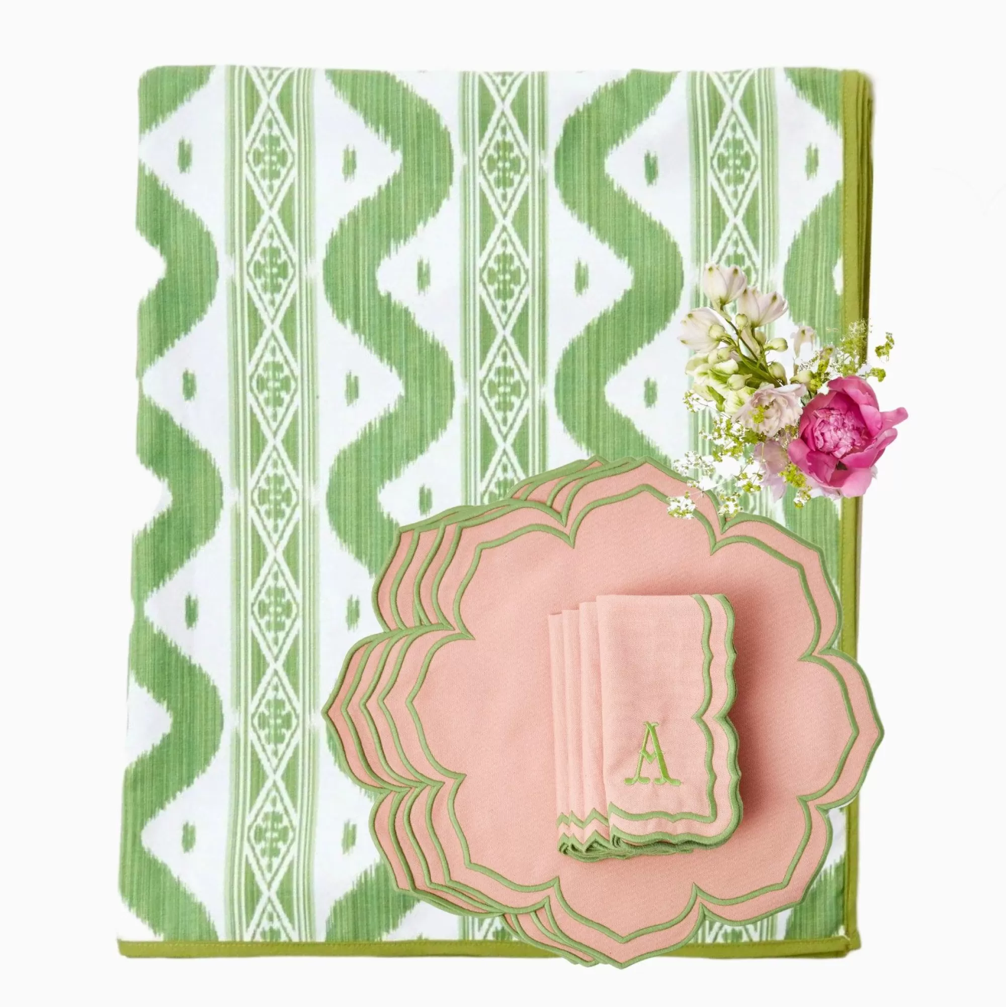 Fashion Green Ikat & Pink Fleur Linen Set Table Linen Sets