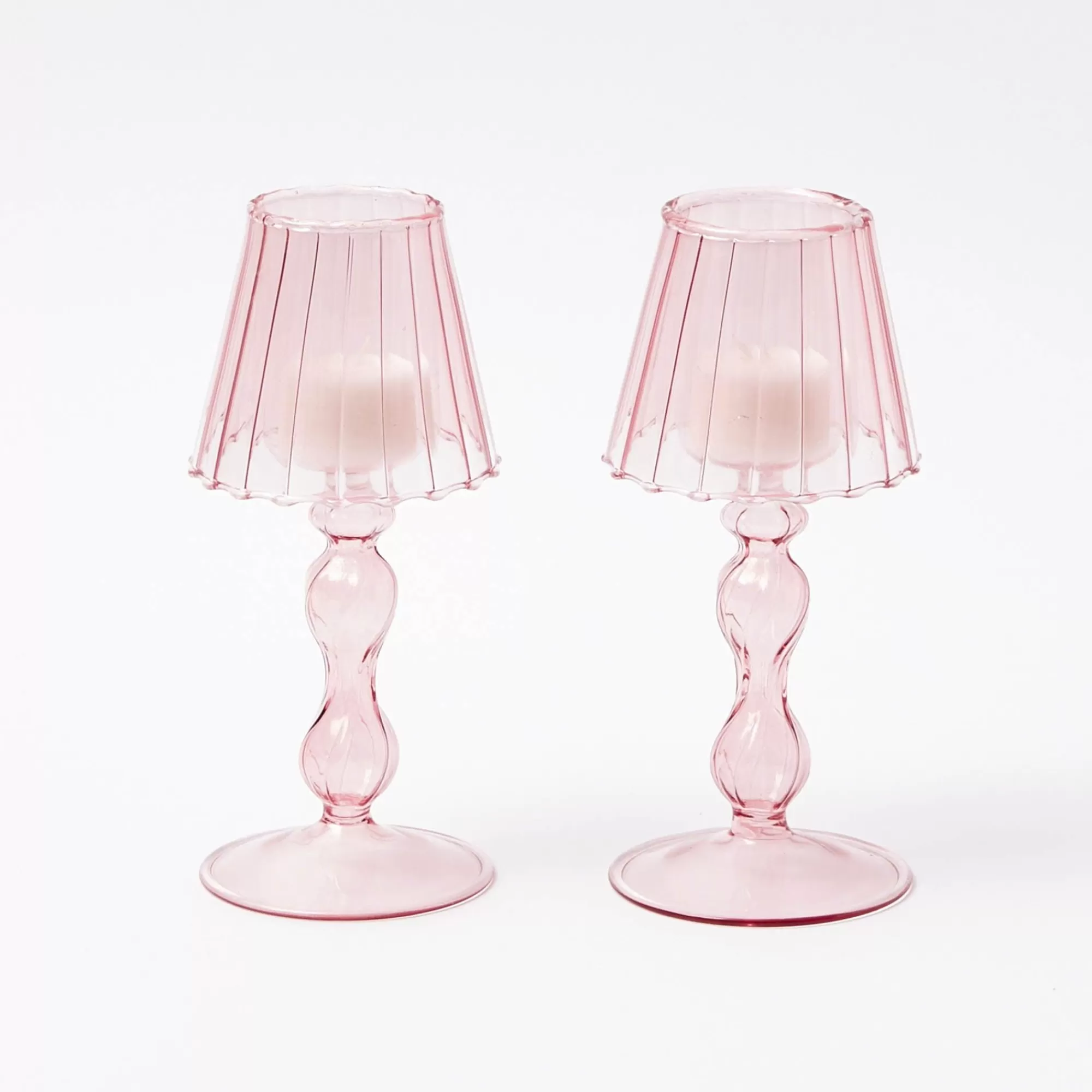 Store Pink Glass Lantern Tea Light Holder (Pair) - 18Cm Pagodas & Lanterns