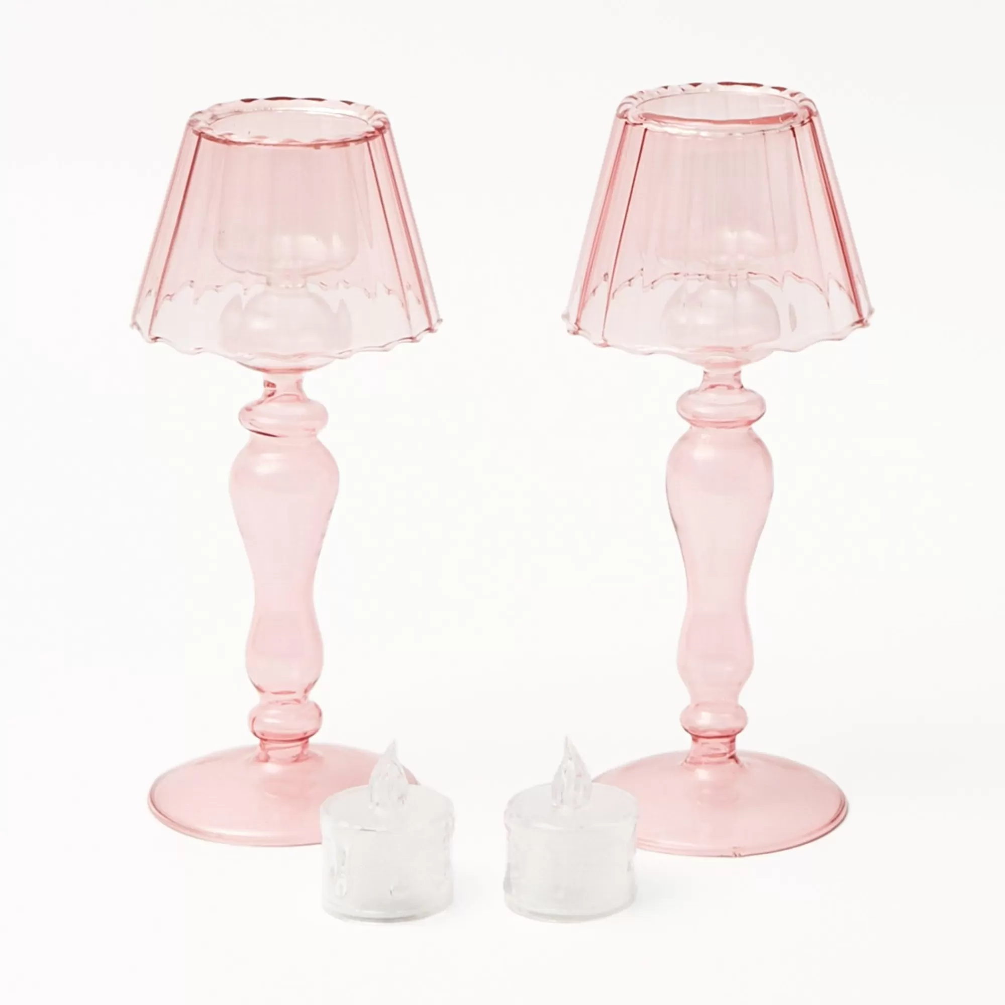 Best Pink Glass Lantern Tea Light Holder (Pair) - 24Cm Candle Holders