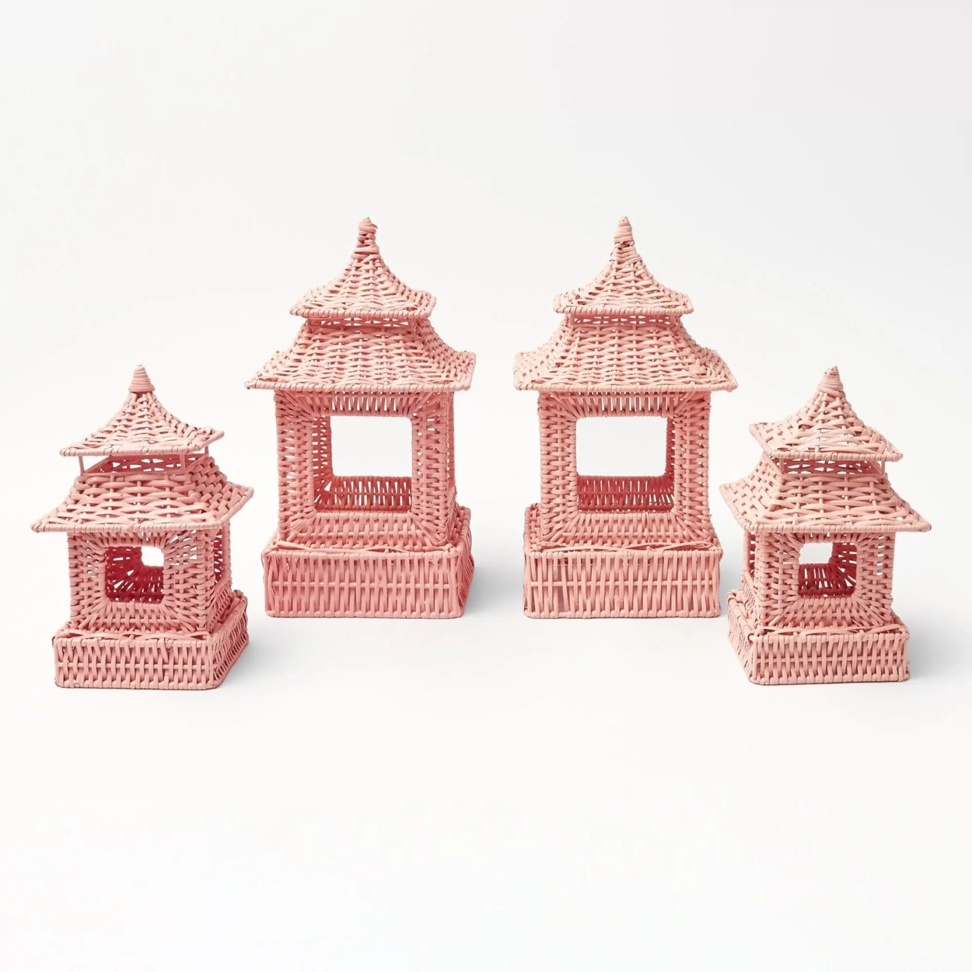 New Pink Rattan Pagoda Lantern Set Pagodas & Lanterns