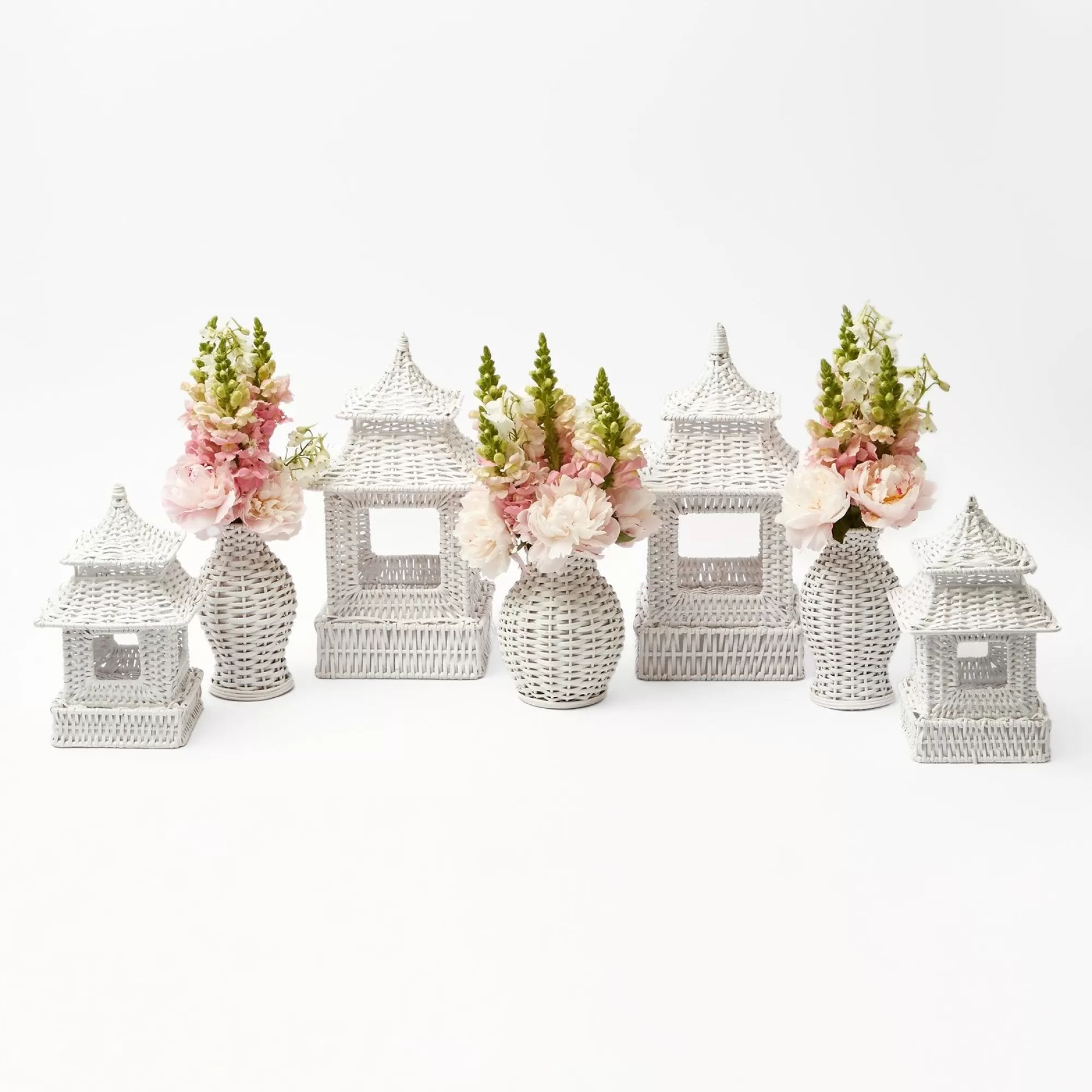 Outlet White Rattan Decoration Set Pagodas & Lanterns