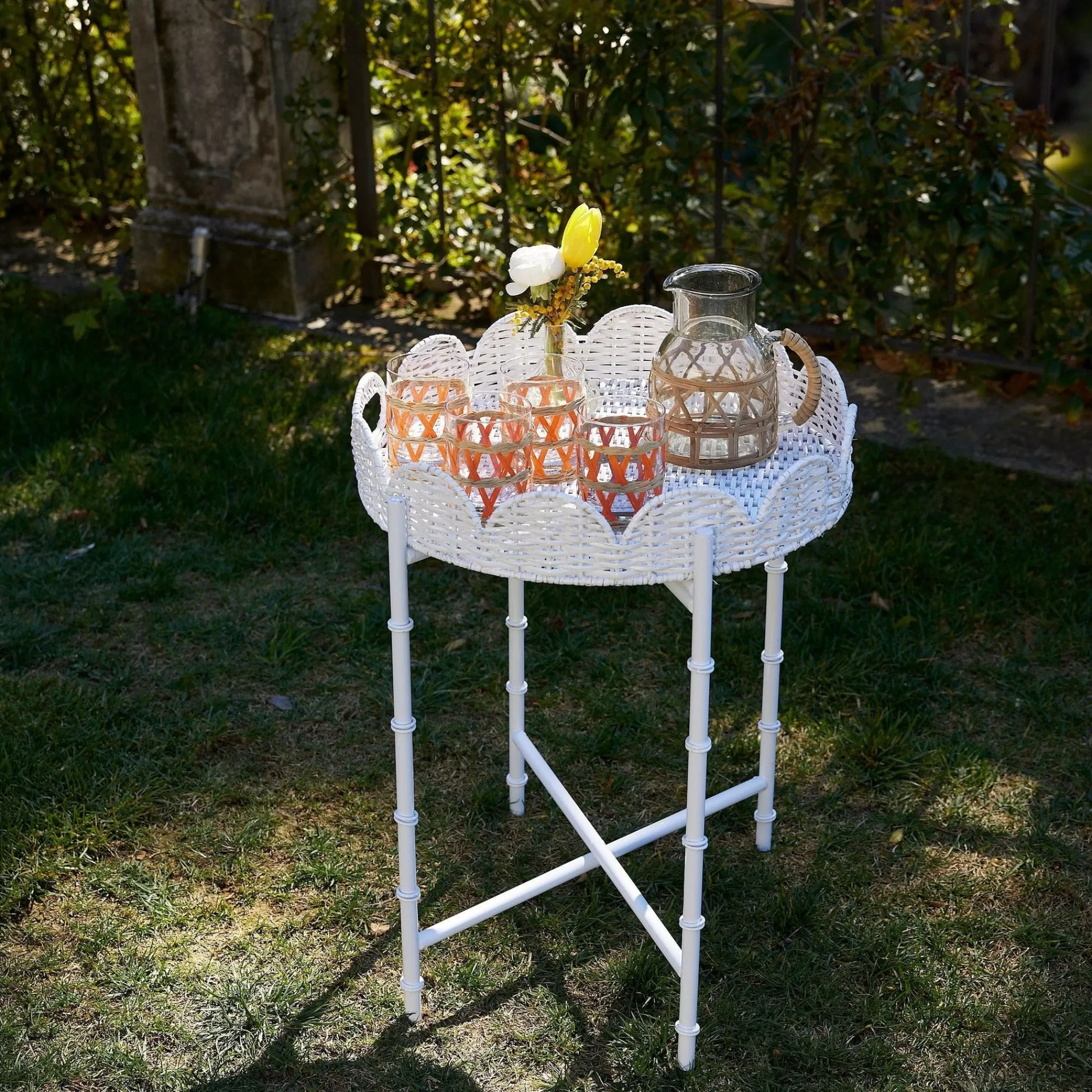 Flash Sale White Rattan Round Scalloped Tray With Stand Rattan Furniture