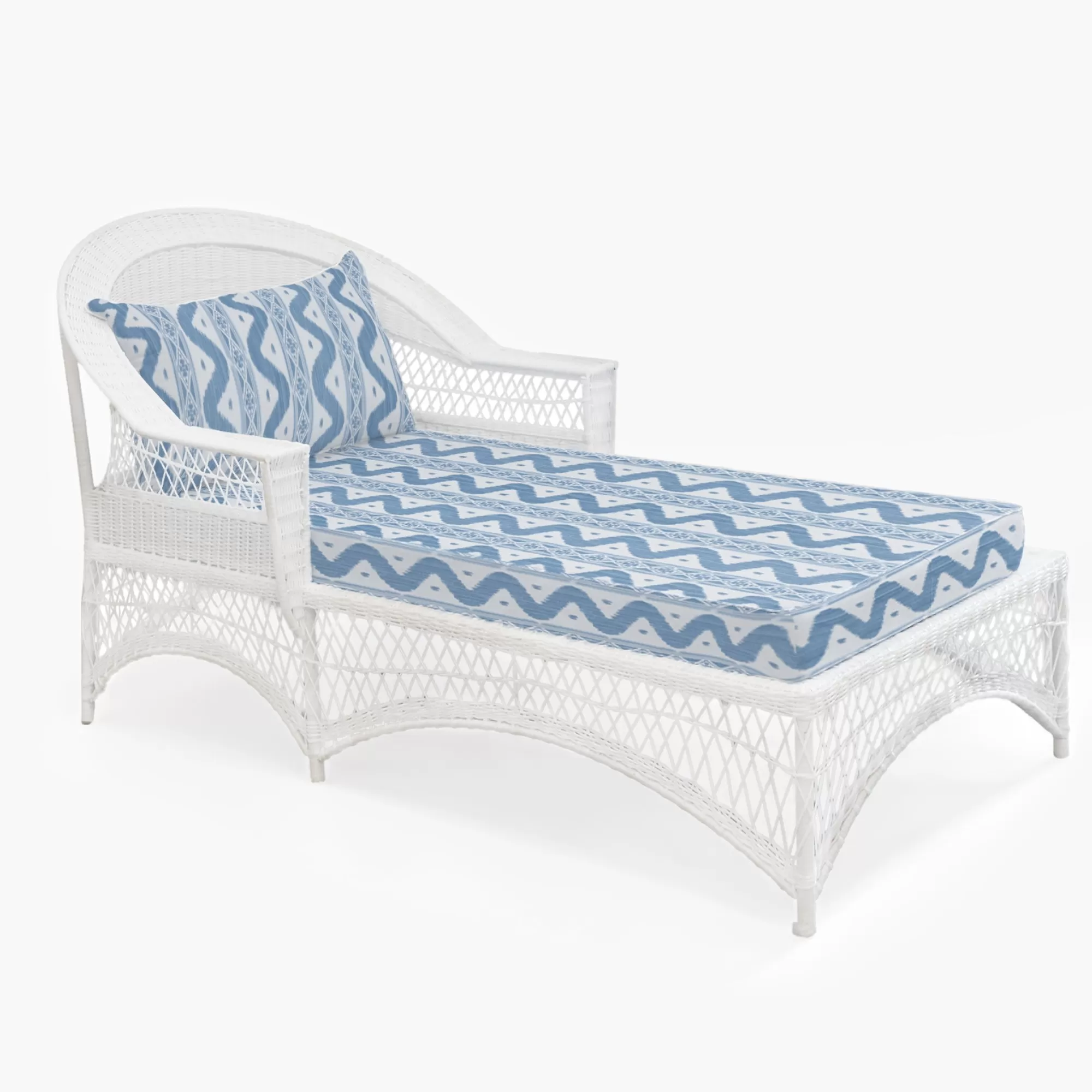 Outlet White Rattan Sun Lounger With Blue Ikat Cushion Rattan Furniture