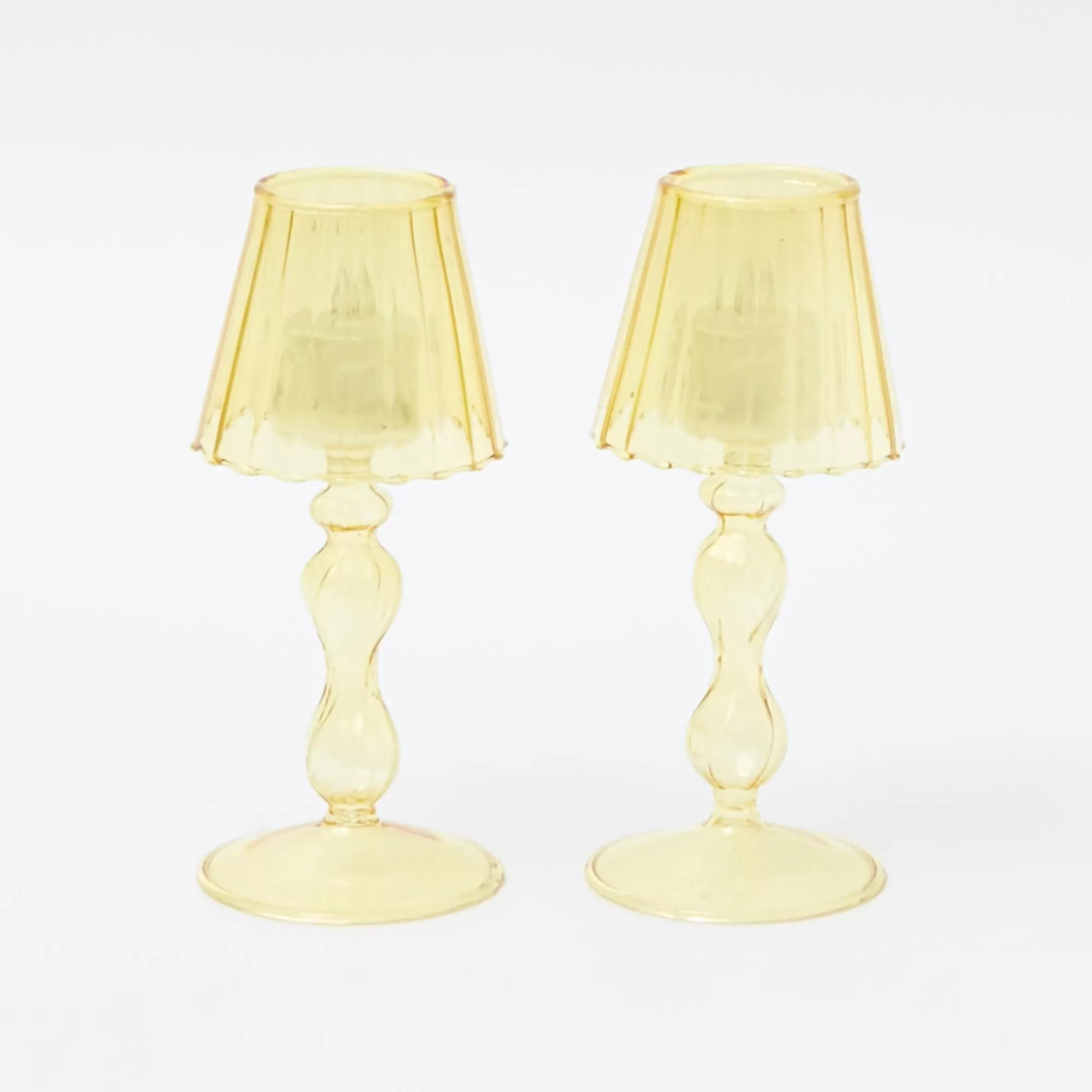 New Yellow Glass Lantern Tea Light Holder (Pair) - 18Cm Candle Holders